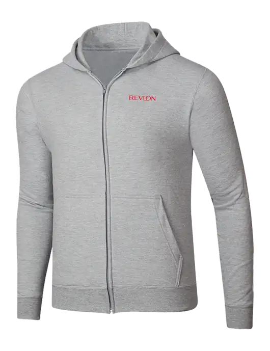 Light Grey Heather 8.5 oz Ring Spun Zip Hooded Sweatshirt w/Revlon Logo