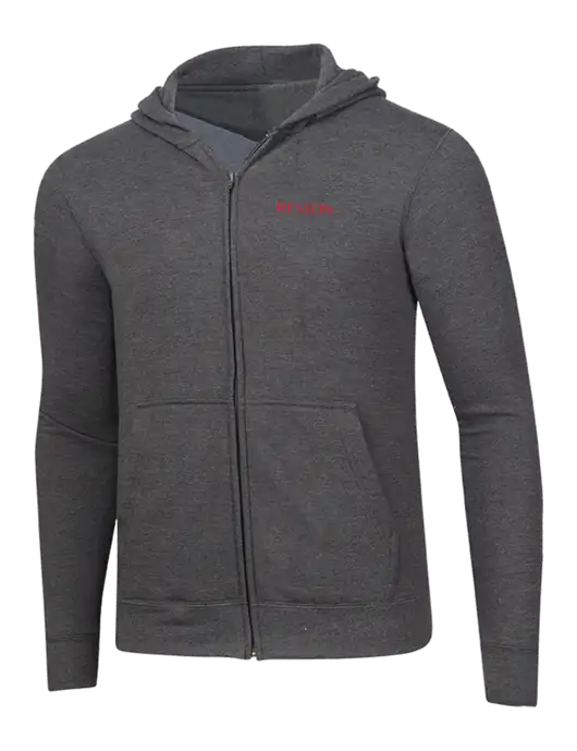 Dark Heather Grey 8.5 oz Ring Spun Zip Hooded Sweatshirt w/Revlon Logo