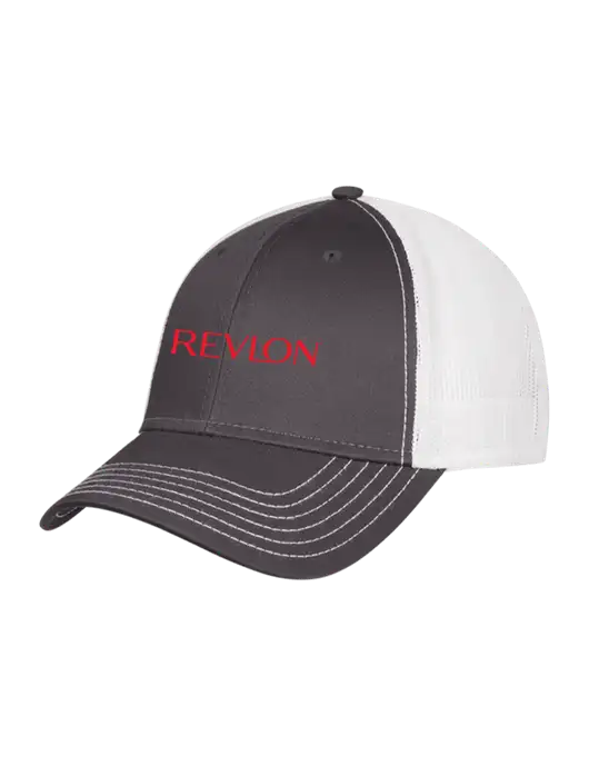 Dark Grey/White Mesh Trucker Cap Snap Back w/Revlon Logo