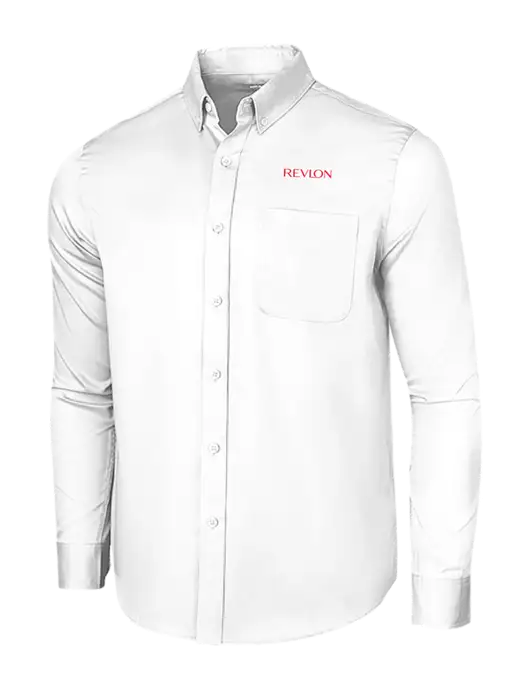 Long Sleeve White Superpro React Twill Shirt w/Revlon Logo