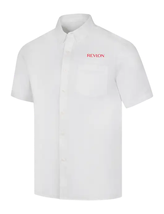 Short Sleeve White Superpro React Twill Shirt w/Revlon Logo