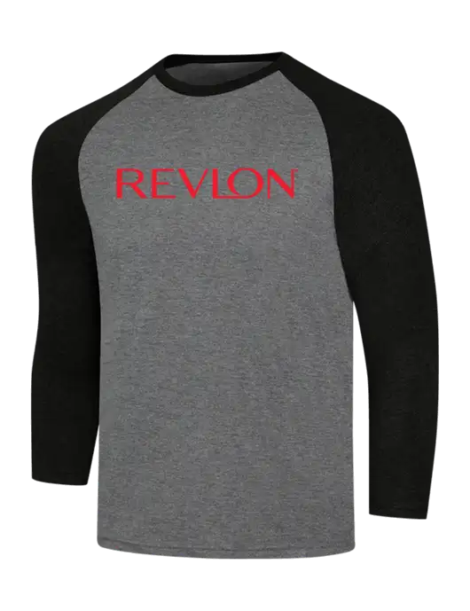 Simply Soft 3/4 Sleeve Black Frost/Grey Frost Ring Spun Cotton T-Shirt w/Revlon Logo