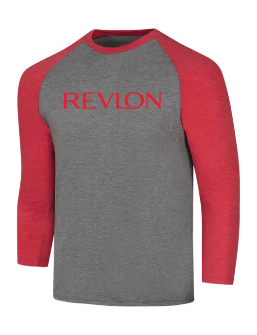 Simply Soft 3/4 Sleeve Red Frost/Grey Frost Ring Spun Cotton T-Shirt w/Revlon Logo