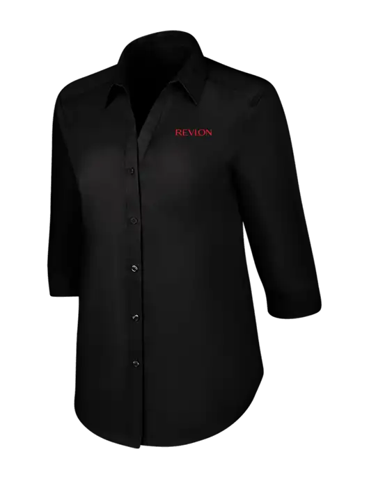 Womens Black 3/4 Sleeve Carefree Poplin Shirt w/Revlon Logo