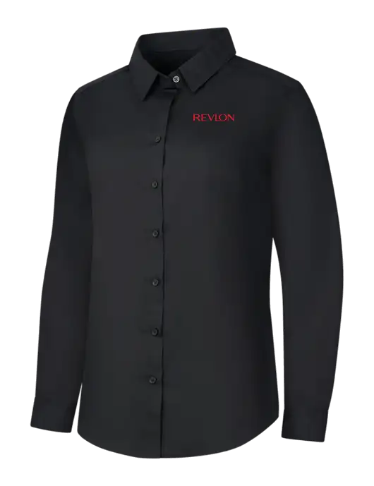 Womens Black Long Sleeve Carefree Poplin Shirt w/Revlon Logo