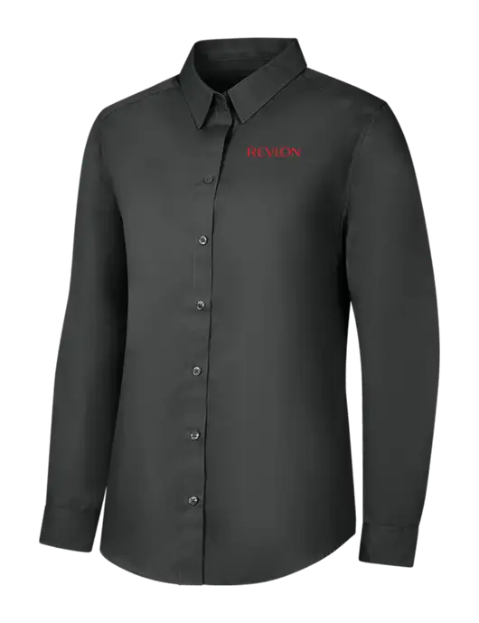 Womens Dark Grey Long Sleeve Carefree Poplin Shirt w/Revlon Logo