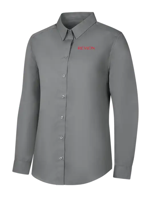 Womens Medium Grey Long Sleeve Carefree Poplin Shirt w/Revlon Logo