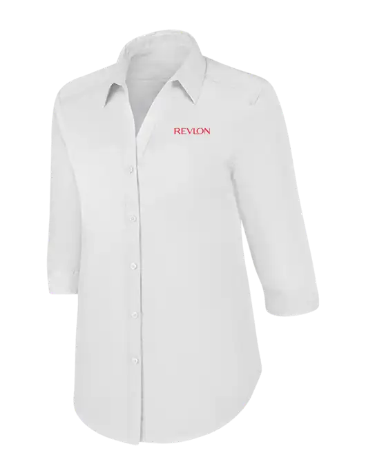 Womens White 3/4 Sleeve Carefree Poplin Shirt w/Revlon Logo