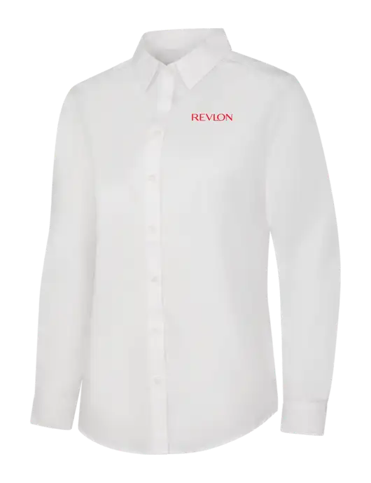 Womens White Long Sleeve Carefree Poplin Shirt w/Revlon Logo