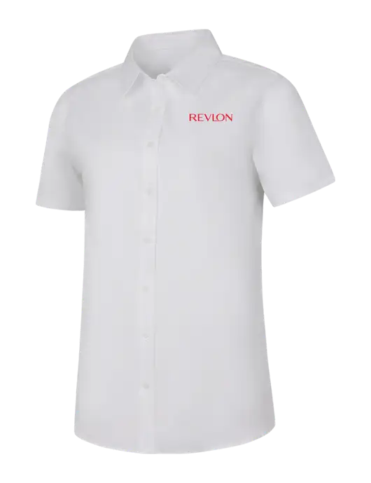 Womens White Short Sleeve Superpro React Twill Shirt w/Revlon Logo