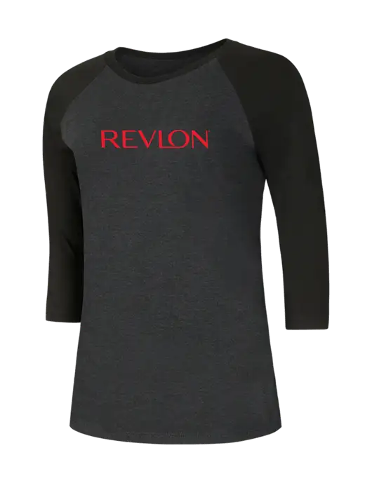 Womens Simply Soft 3/4 Sleeve Black/Black Frost Ring Spun Cotton T-Shirt w/Revlon Logo