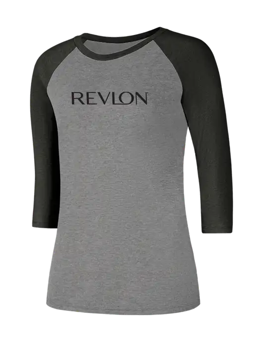 Womens Simply Soft 3/4 Sleeve Black Frost/Grey Frost Ring Spun Cotton T-Shirt w/Revlon Logo