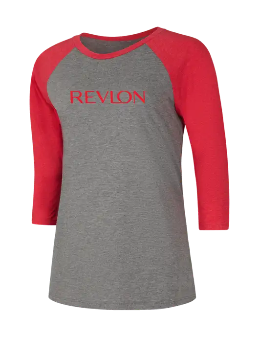 Womens Simply Soft 3/4 Sleeve Red Frost/Grey Frost Ring Spun Cotton T-Shirt w/Revlon Logo