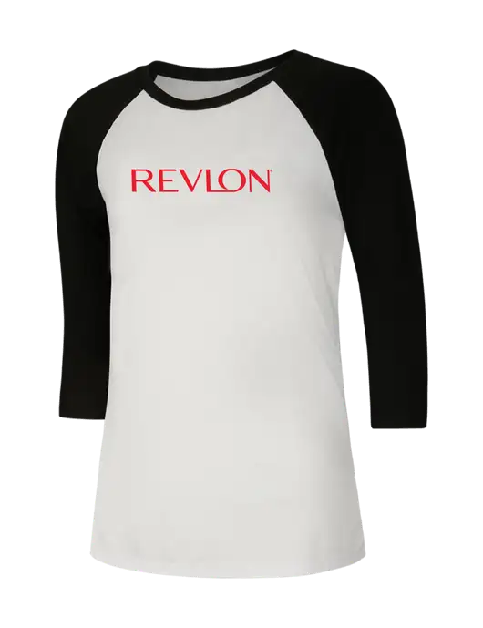 Womens Simply Soft 3/4 Sleeve Black/White Ring Spun Cotton T-Shirt w/Revlon Logo