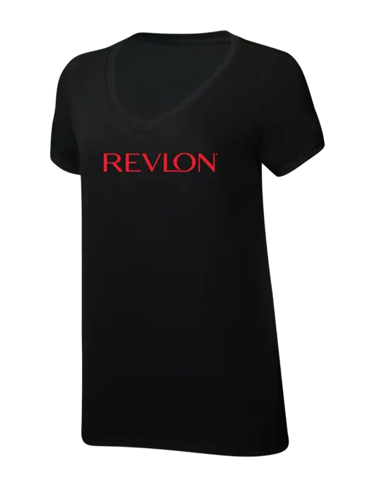 Womens Simply Soft V-Neck Black 4.5oz  Poly/Combed Ring Spun Cotton T-Shirt w/Revlon Logo