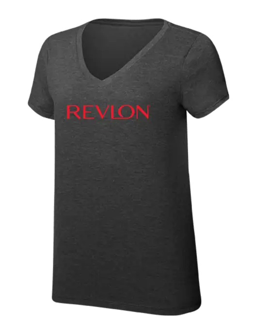 Womens Simply Soft V-Neck Black Frost 4.5oz  Poly/Combed Ring Spun Cotton T-Shirt w/Revlon Logo