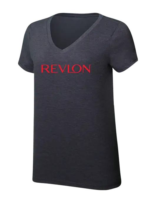 Womens Simply Soft V-Neck Heather Charcoal 4.5oz  Poly/Combed Ring Spun Cotton T-Shirt w/Revlon Logo