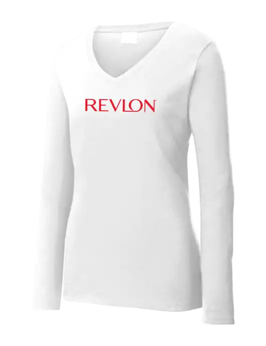 Womens  V-Neck Ring Spun White 4.5 oz Long Sleeve T-Shirt w/Revlon Logo