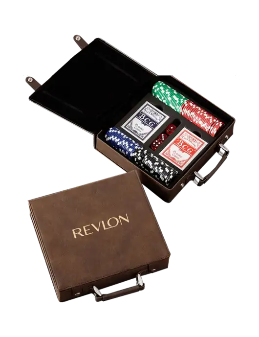 Rustic Leatherette 100 Chip Poker Set w/Revlon Logo