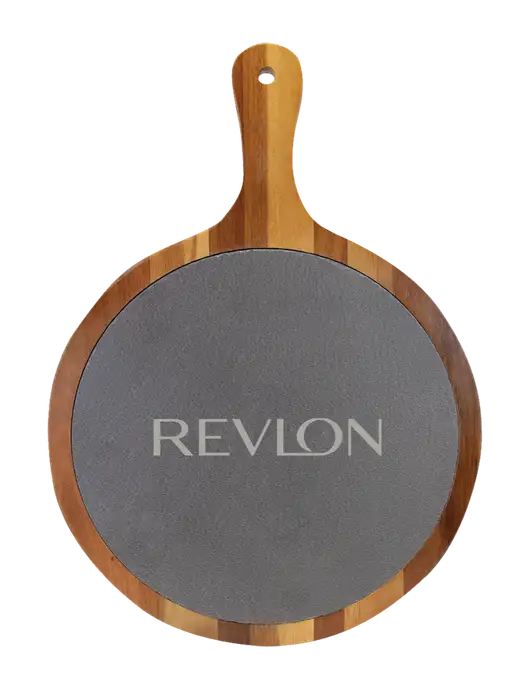 Acacia Wood & Slate Round Cutting Board & Handle 10.5 x 14.5 w/Revlon Logo