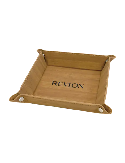 Bamboo Leatherette Valet Tray, 6 x 6 w/Revlon Logo