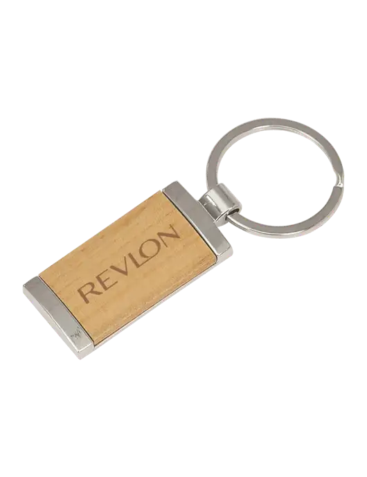 Wood & Silver Rectangle Keychain w/Revlon Logo
